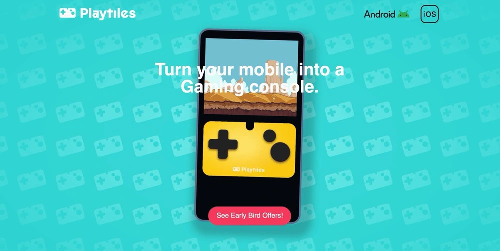 A screenshot of the Play Tiles website, showing the physical joypad attachment for mobile devices.
