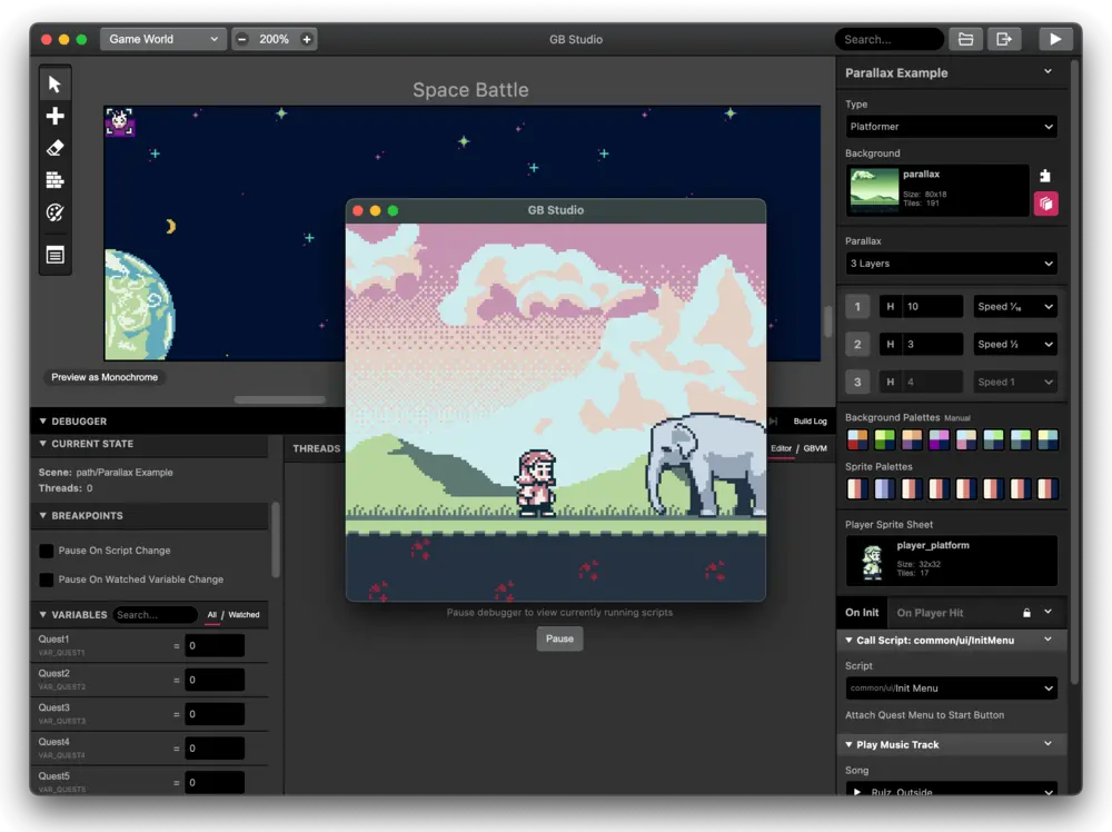 Testing a game in GB Studio.