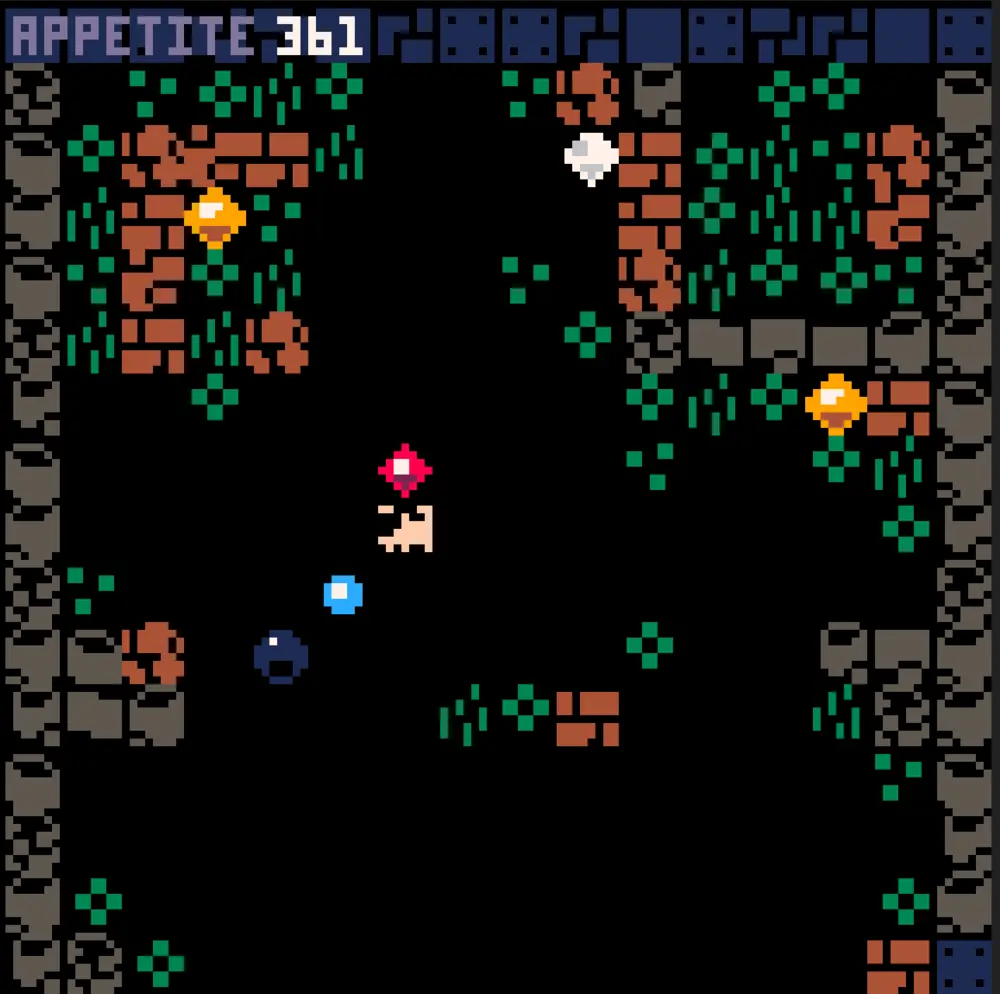 A pixelly pug in a world of plants and gems.