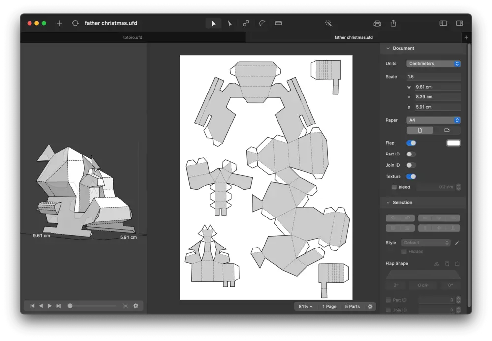 A screenshot of my Father Christmas sleigh paper craft being unwrapped in Unfolder