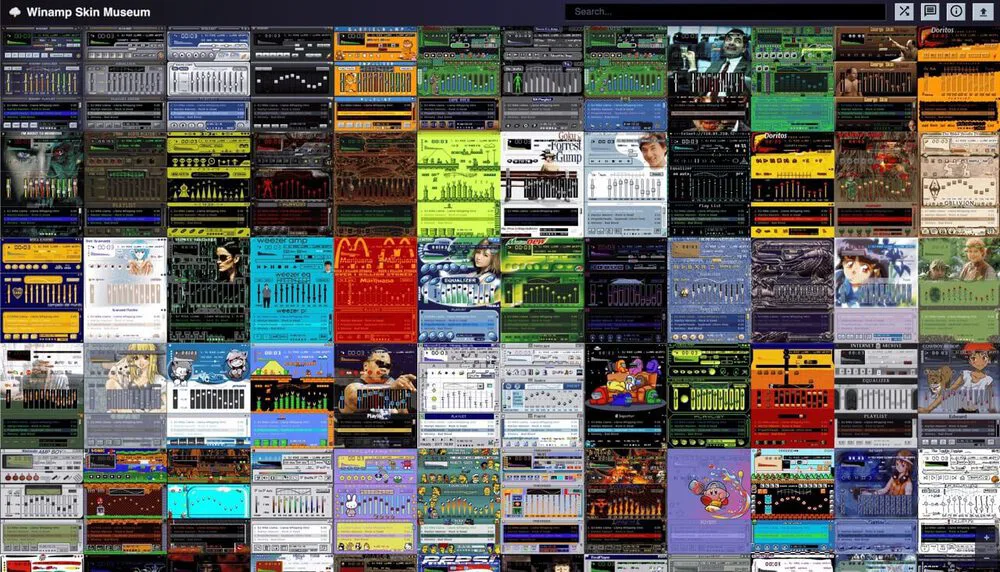 A screenshot of the Winamp Skin Museum website, showing a dense grid of Winamp skins.