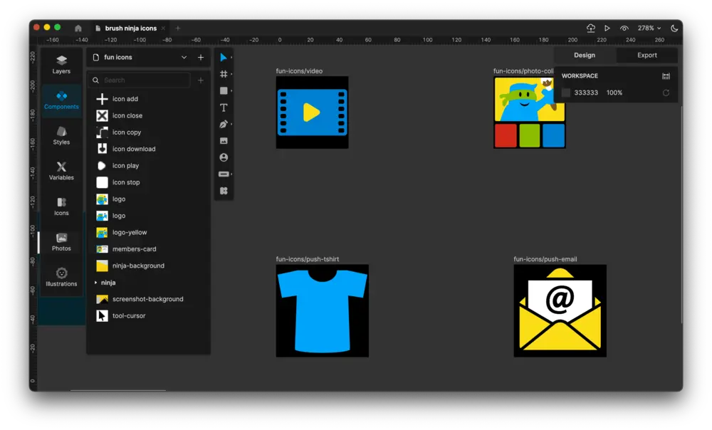 The Lunacy editor, editing some Brush Ninja icons