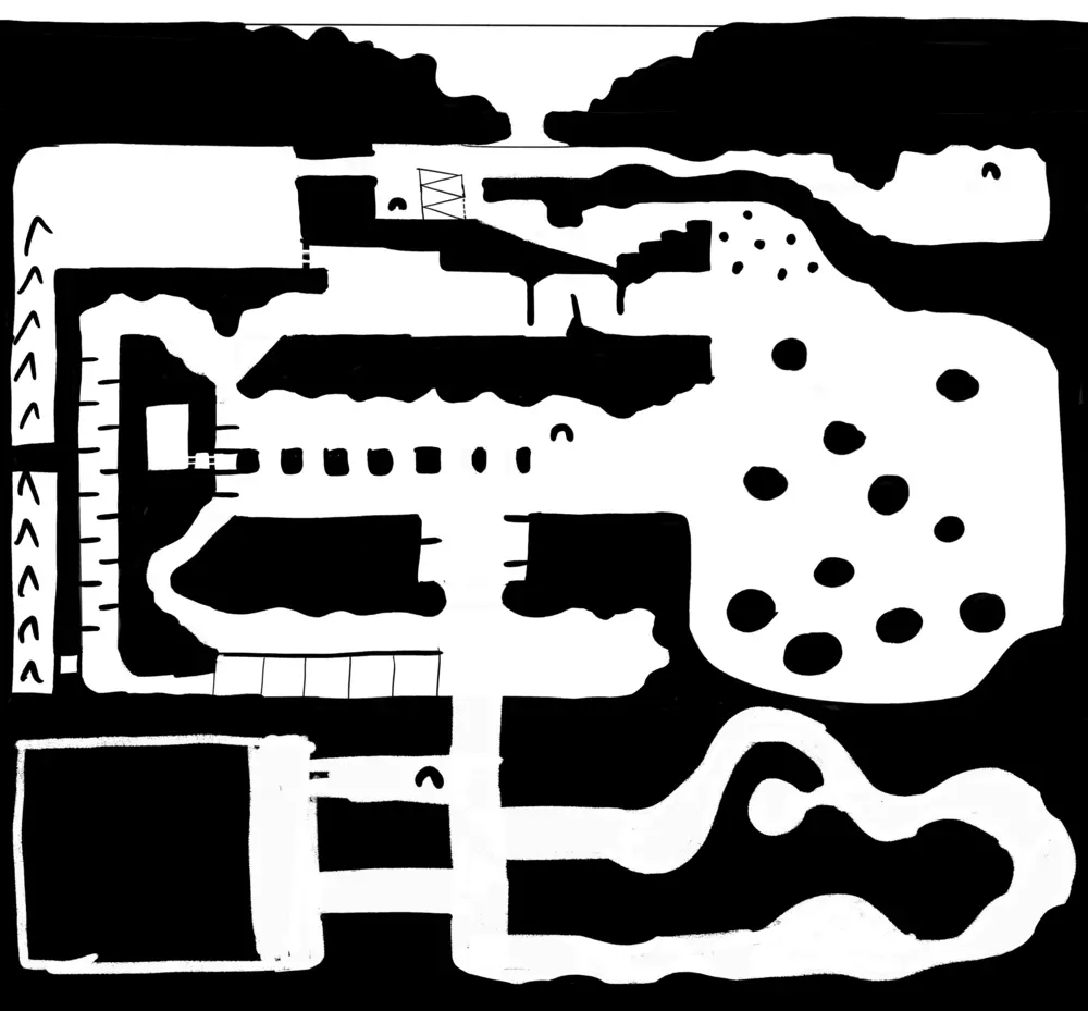 A black and white image showing a cave system for the unicorn to bounce around and try to escape from.