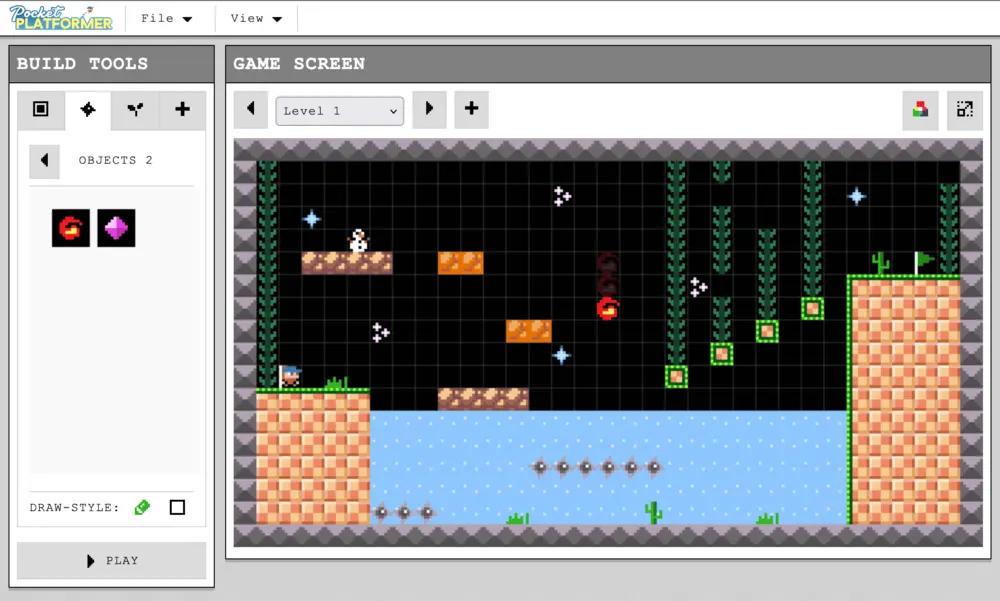 A screenshot of Pocket Platformer with a simple game level I created