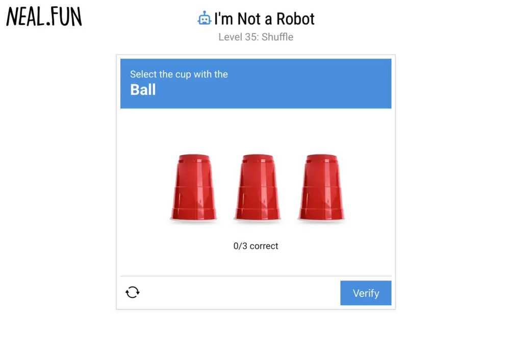 A screenshot of the I'm Not a Robot game, showing the challenge I am currently on to prove I am a human.