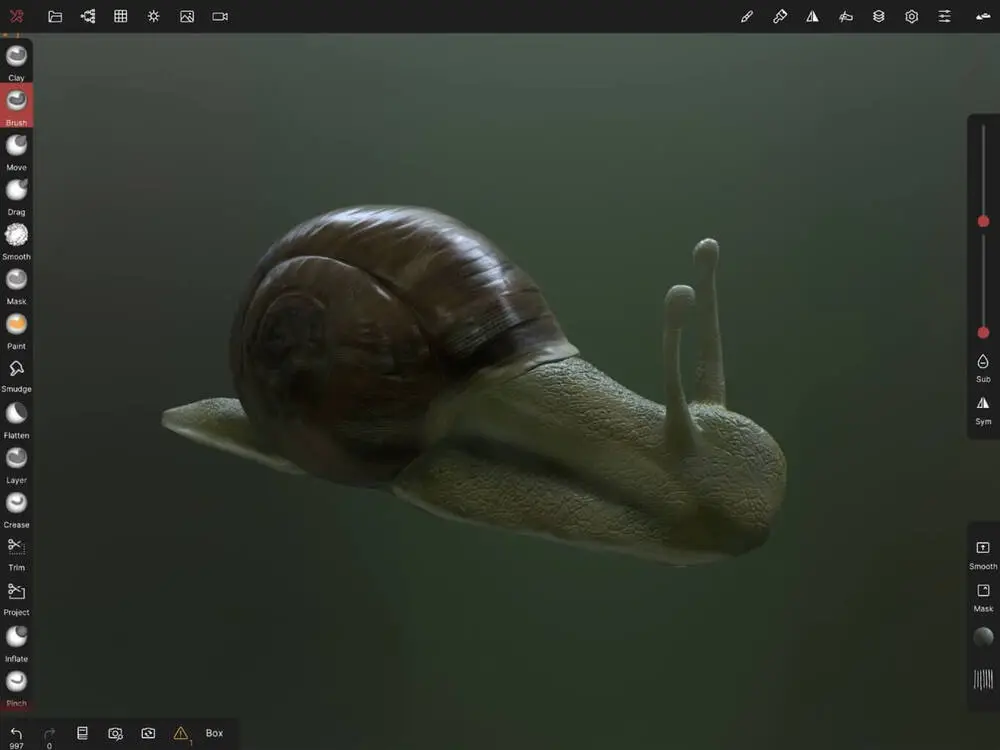 A snail character sculpted in Nomad Sculpt