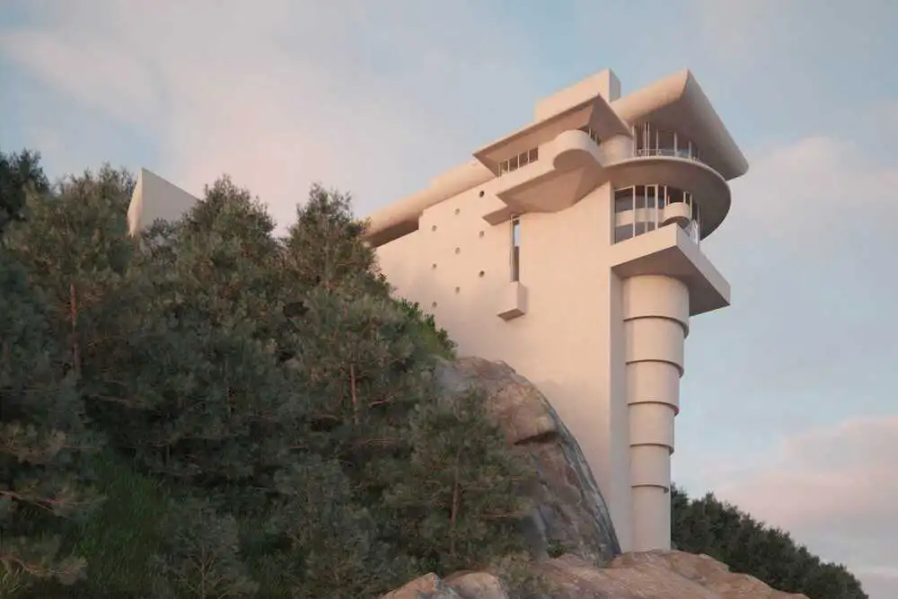 A realistic 3D render of one of Frank Lloyd Wright's unrealised buildings.