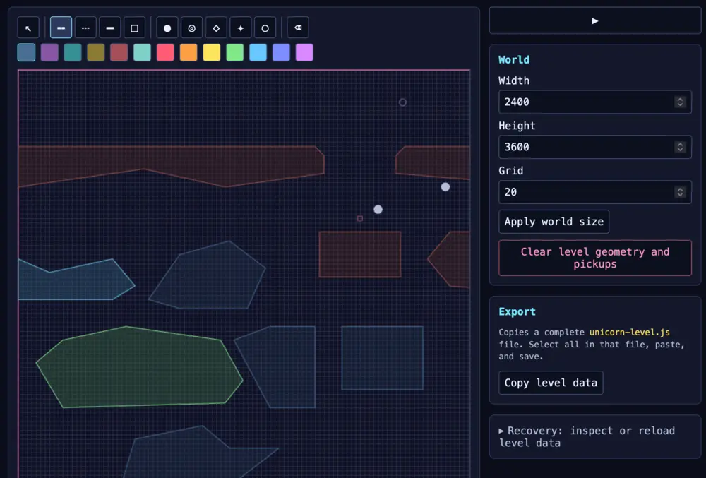 Early screenshot of my unicorn (currently a pink square) bouncing around a vector environment, with a rainbow trail following behind it.