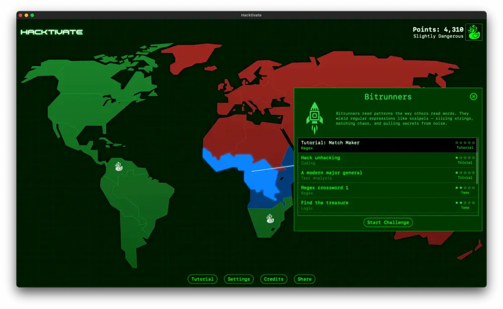 The Hacktivate game menu