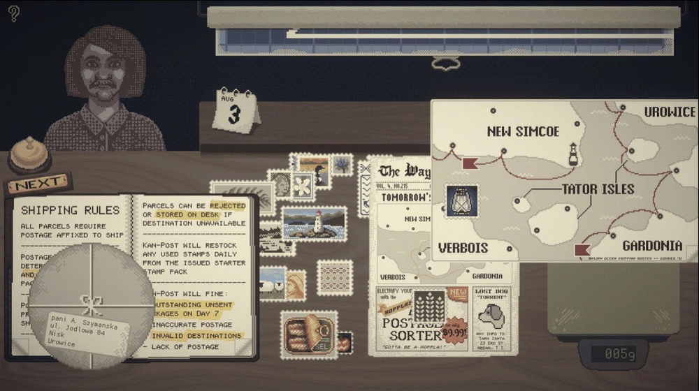 A chaotic view of Peggy's desk at the post office