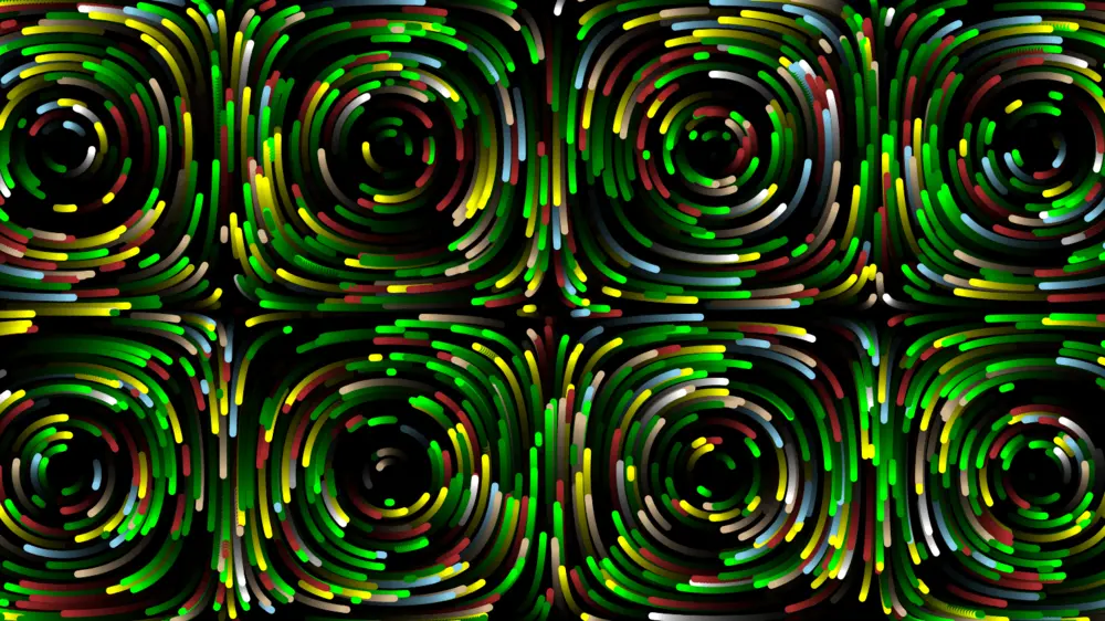 A screenshot of the Particle Flow Fields app, showing a colorful flow field visualization.