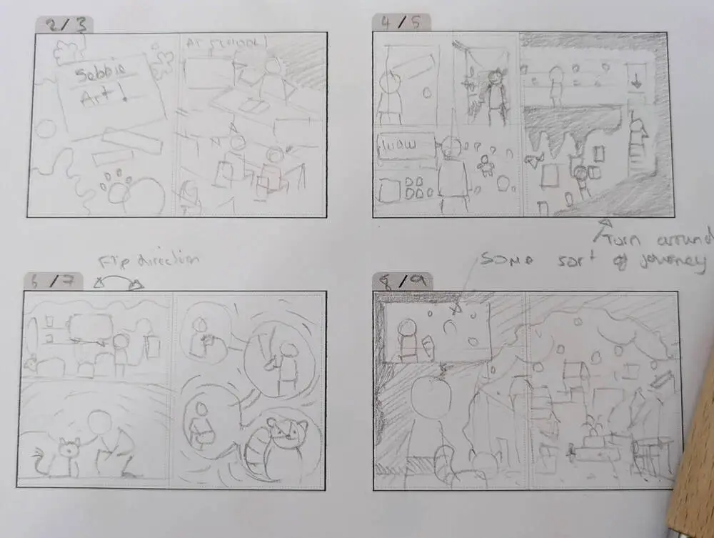 A photo of the first 4 pages of my comic outline.