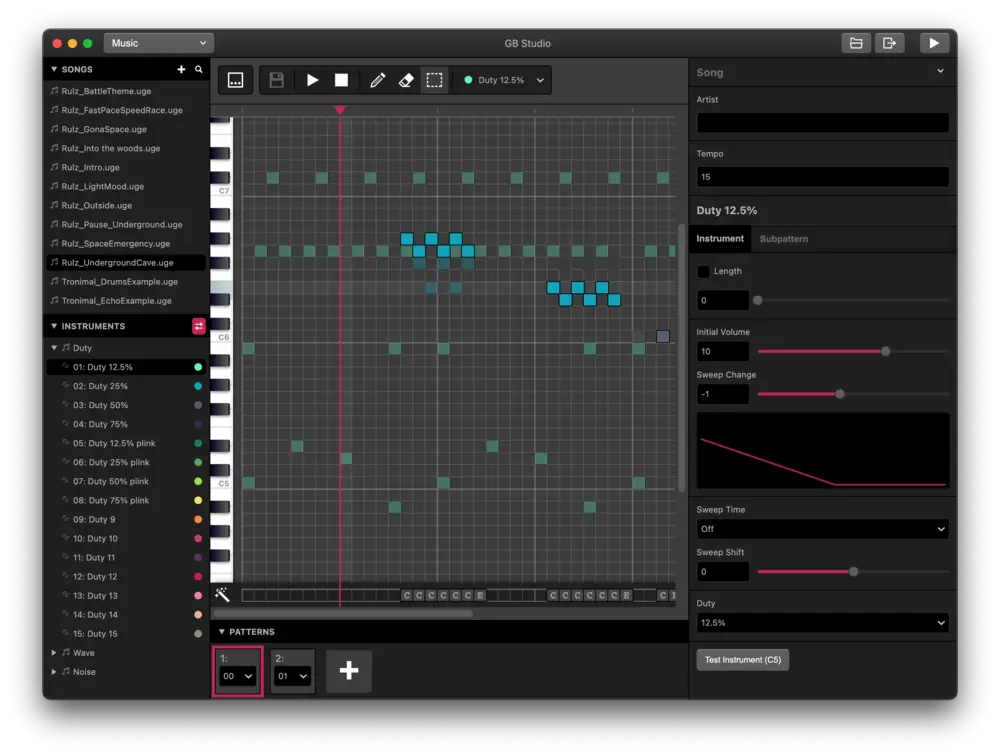 The GB Studio music editor.