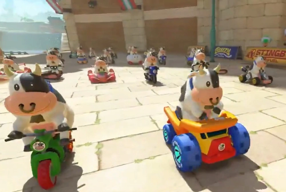 Lots of Cows in a multiplayer Mario Kart World Race